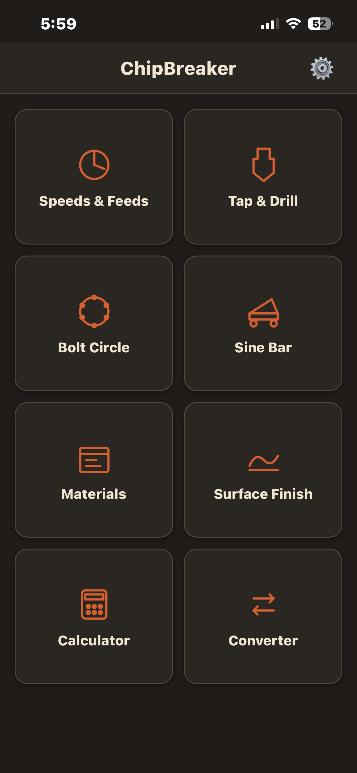 ChipBreaker's eight-tool main menu: Speeds and Feeds, Tap and Drill, Bolt Circle, Sine Bar, Materials, Surface Finish, Calculator, and Converter