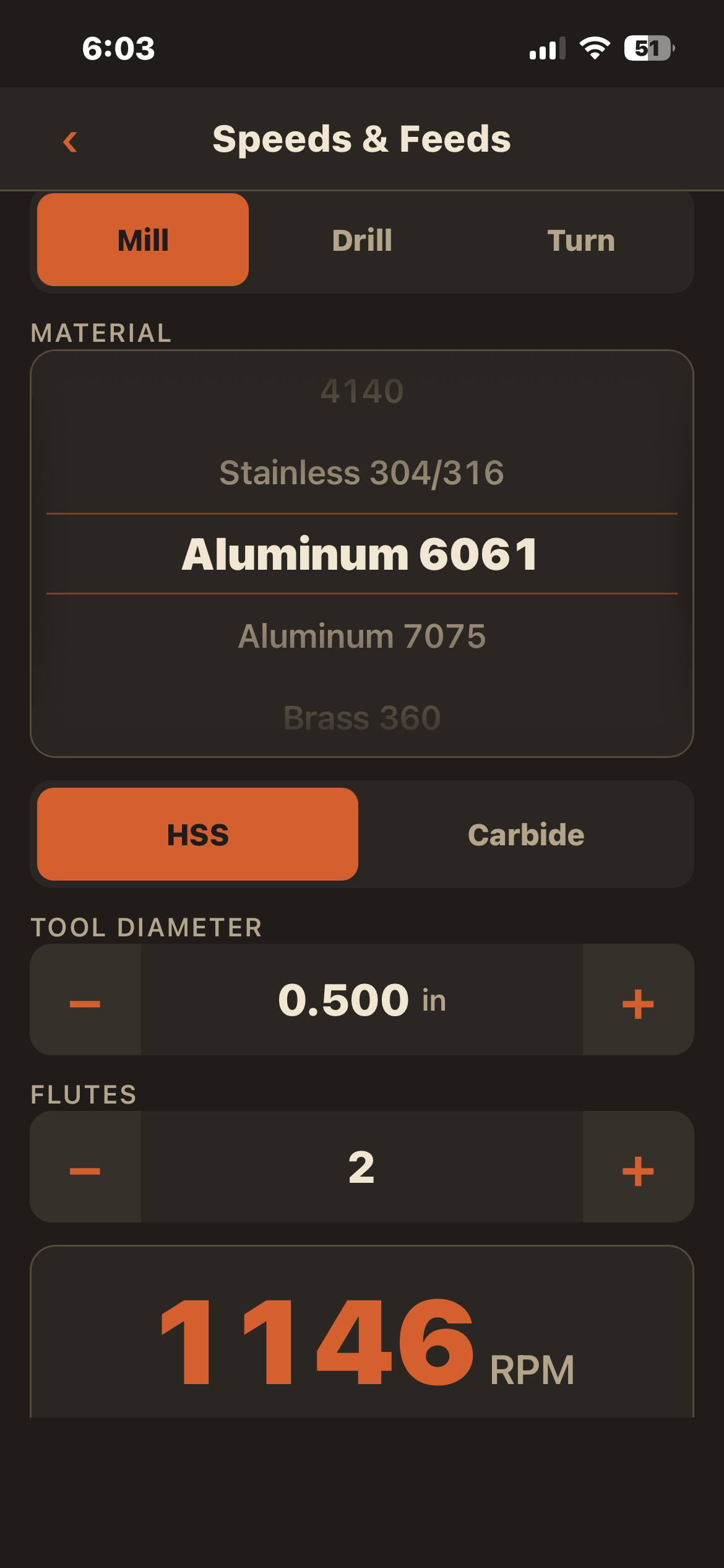 ChipBreaker Speeds and Feeds screen showing 1146 RPM for aluminum 6061 with an HSS end mill