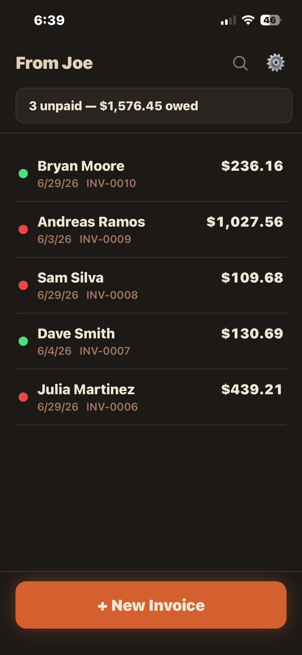 Invoicer invoice list showing paid and unpaid invoices with a total amount owed at the top