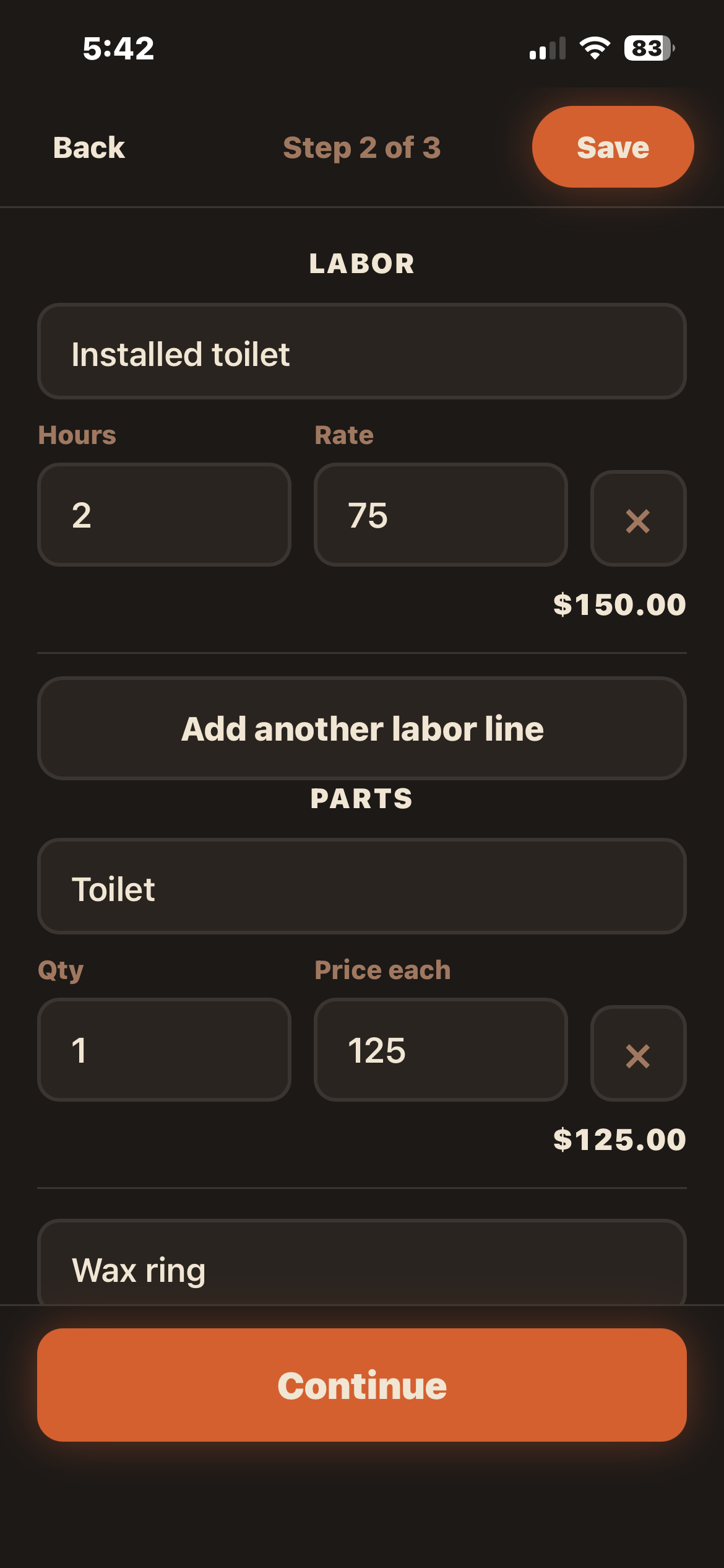 Invoicer invoice builder Step 2 with labor and parts lines — a labor line for an installed toilet with hours and rate, and parts lines with quantity and price each