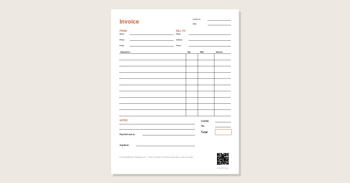 Preview of the printable invoice sheet: a white US Letter invoice form headed Invoice in orange, with invoice number and date fields, From and Bill to blocks, a line-items table with Description, Qty, Rate, and Amount columns, a Subtotal, Tax, and boxed Total, a notes and payment-due area, and a small QR code to the Invoicer app.
