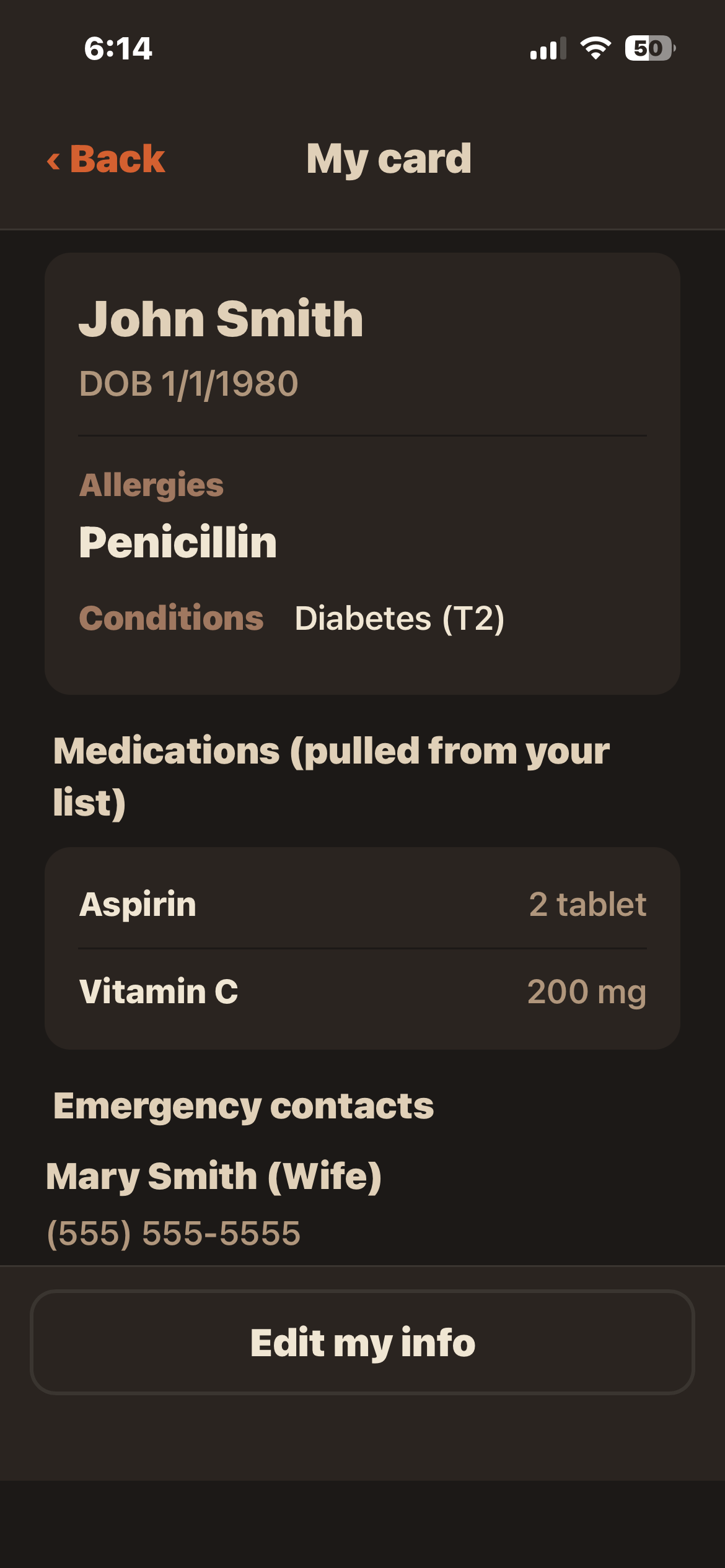 Pillbook My Card, an emergency card showing name, allergies, conditions, medications, and emergency contacts