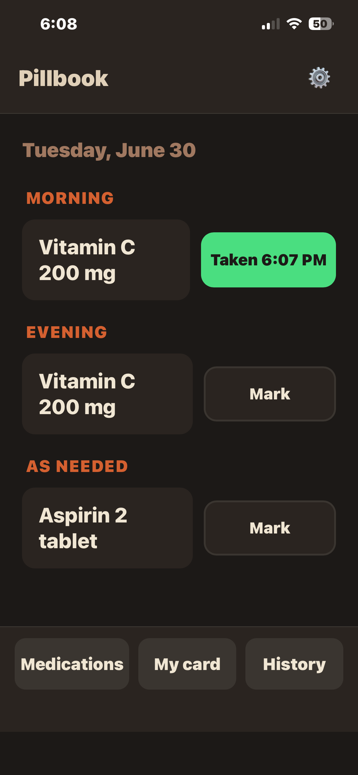 Pillbook Today screen showing the day's medications, with one dose marked taken in green