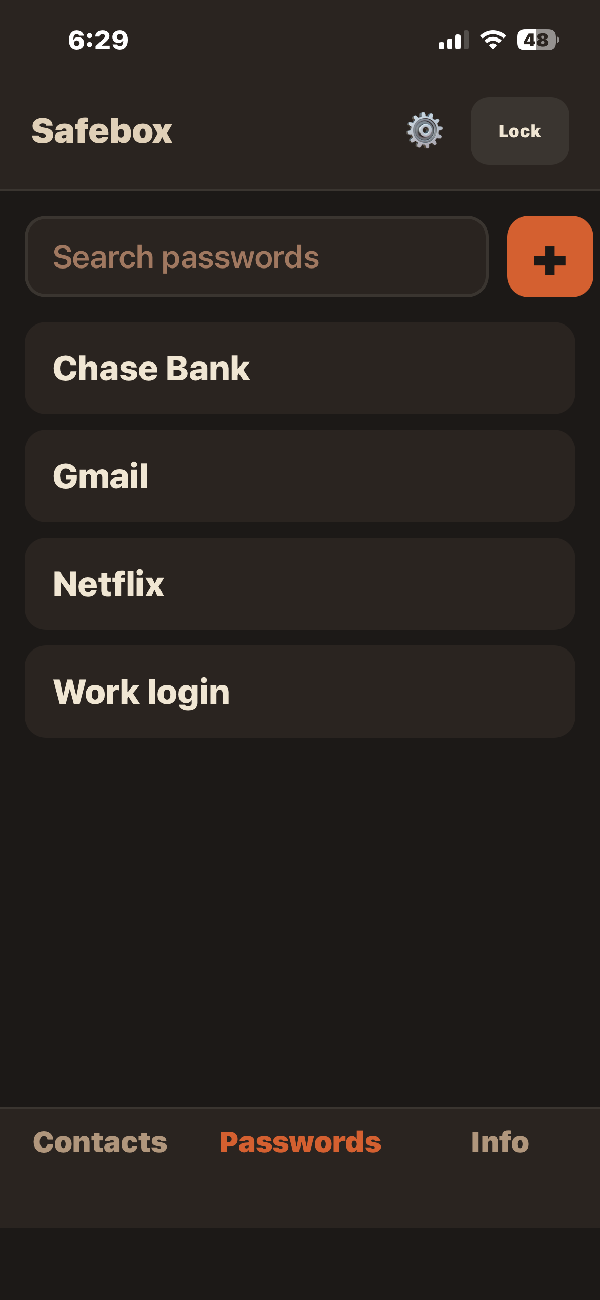 Safebox Passwords tab showing a searchable alphabetical list of saved entries