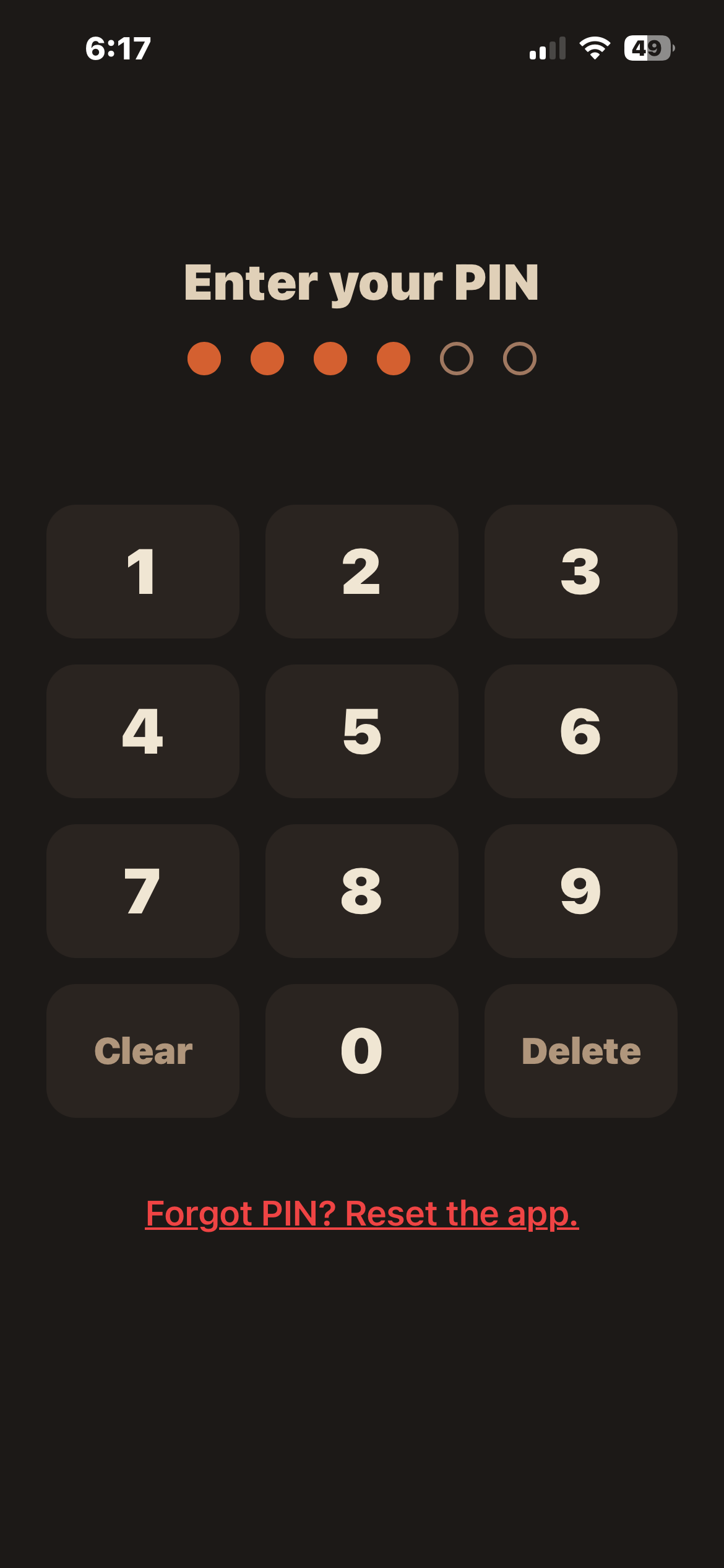 Safebox lock screen with a six-digit PIN keypad
