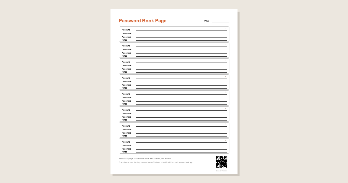 Preview of the printable password book page: a white US Letter page headed Password Book Page in orange, with a Page number field and eight numbered entry blocks, each with ruled lines for Account, Username, Password, and Notes, and a small QR code to the Safebox app.